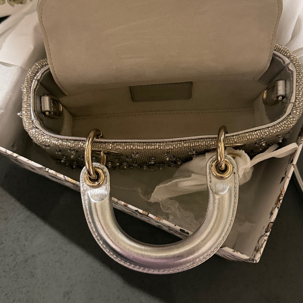 DIOR LADY D-JOY MICRO BAG SILVER-GOLD HW SATIN GRADIENT BEAD EMBROIDERY PRELOVED - Picture 9 of 13